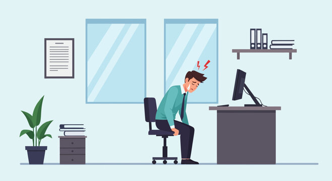 Exhausted Office Worker Experiencing Headache While Working at His Desk Feeling Unwell