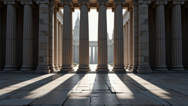 Monumental civic columns casting dramatic shadows symbolizing institutional permanence weakening governance and unstable democratic foundations