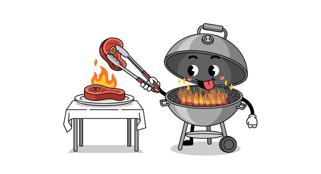 Funny cartoon grill character cooking two red meat steaks over a flaming fire while sticking its tongue out.