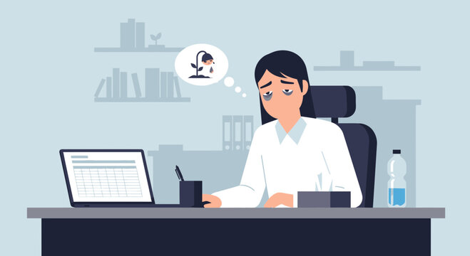 Exhausted Office Worker Contemplating Workload at Desk in Vector Illustration
