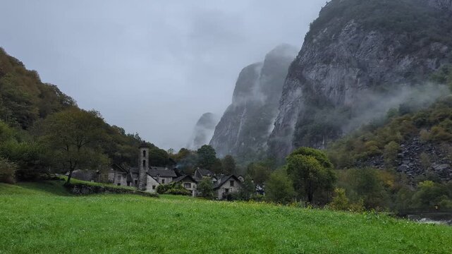 Misty stone village of Foroglio nestled in in Val Bavona, Ticino in the Swiss Alps ideal for travel backgrounds