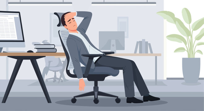 Exhausted Office Worker Deep Inside Of Office, Resting And Overwhelmed: A Vector Illustration