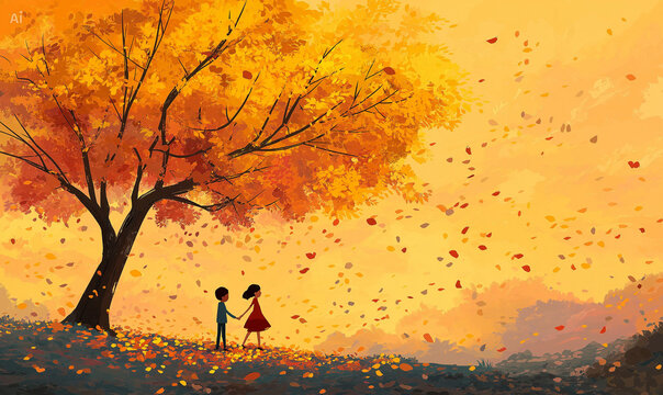 Beautiful autumn landscape illustration with children
