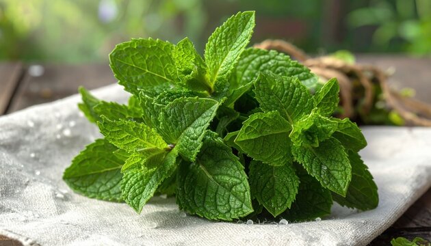 Fresh Mint Leaves on Table with Natural Light and Rustic Background