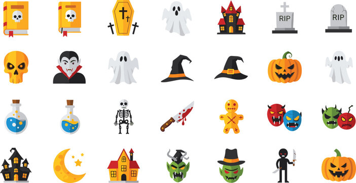 Halloween icons collection with pumpkins, ghosts, witches and spooky elements, festive horror symbols isolated on white background vector illustration set