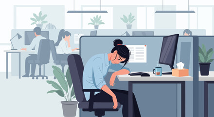 Fototapeta premium Exhausted Office Worker Resting on Desk Amidst Work Environment with Colleagues