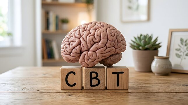 Cbt blocks in front of a brain model on a wooden desk with cognitive behavioral therapy mental health personal development self help psychology furniture education treatment depression