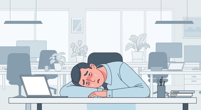 Exhausted Office Worker Resting Head On Desk, Overworked Person In Workspace Vector