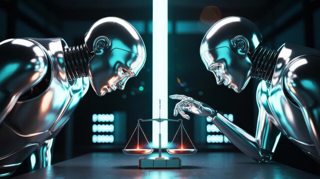 Two futuristic robots examine a balance scale, symbolizing the intersection of technology and ethics in a sleek, metallic environment.