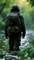 Fototapeta premium Traveler crossing shallow stream in outdoor clothing with backpack