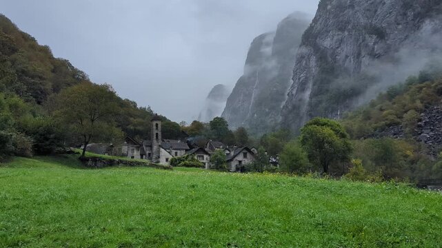 Misty stone village of Foroglio nestled in in Val Bavona, Ticino in the Swiss Alps ideal for travel backgrounds