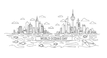 Fototapeta premium World Oceans Day banner with city skyline, fish and turtle in water