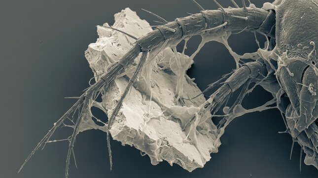 Marine Copepod Appending To Biofilm Coated Microplastic Ion-Abrasion Scanning Electron Micrograph