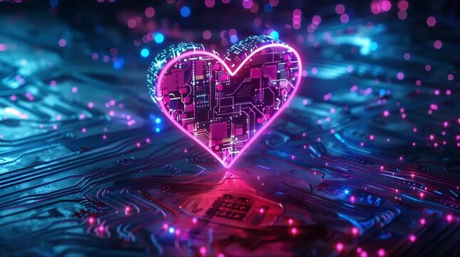 Neon Cyber Heart with Digital Pulse Waves on Circuitry (AI Generated)