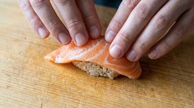 Hands of sushi master crafting salmon nigiri for Japanese restaurant menu.