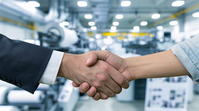 Publishing and print media industry business deal. Two hands in firm handshake against a blurred commercial printing press facility with paper rolls feeding through printing units.