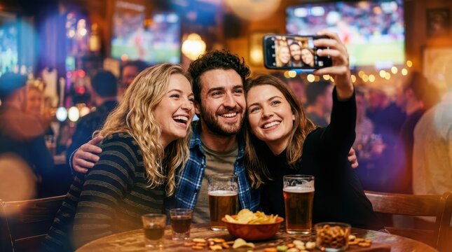 Three friends posing for a selfie with a smartphone over beer and snacks in a lively sports bar during a football match, smiling and connected, medium close-up.
