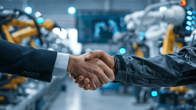 Robotics and artificial intelligence industry business deal. Two hands in firm handshake against a blurred factory floor with yellow industrial robotic arms.