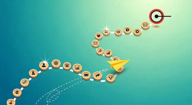 Strategic business journey illustration showcasing a clear roadmap to success and goal achievement, with milestones along a winding path to the target