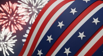 Fototapeta premium Abstract patriotic background with red white and blue stripes and stars in foreground and blurred fireworks in background, festive celebration concept