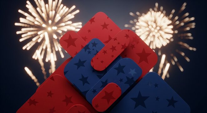 Abstract patriotic shapes in red and blue with stars pattern layered over a dark background with bright fireworks exploding in the night sky, festive celebration concept, 3D render