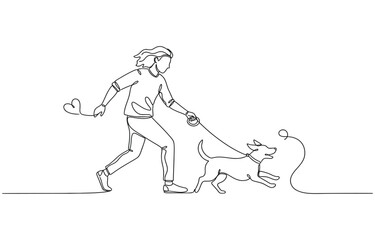 Fototapeta premium Continuous one line drawing owner dog fun walk love one line art design vector. 