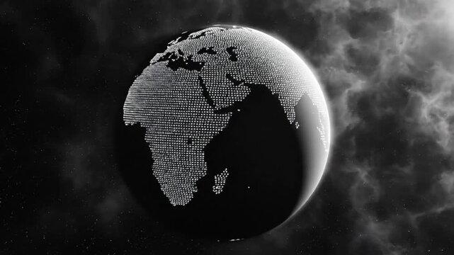 Black and white animation of the Earth, continents formed by thousands of tiny dots in space