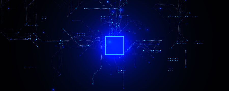 AI Chipset Artificial Intelligence Logo Background. Glow CPU Microchip Dark Tech Futuristic Circuit Pattern BG Design. Chip Board Backdrop Digital Cloud Future Data Technology. Vector illustration