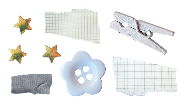 Aesthetic scrapbook set with checkered paper scraps, a white peg, gold stars, patches, and a flower button on a transparent background. Creative collage elements for DIY designs.