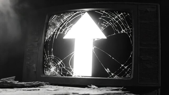 Surreal black and white shot of an old television with a broken screen and a glowing arrow pointing upwards