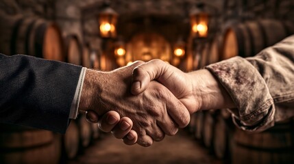 Obraz premium Wine and viticulture industry business deal between a corporate buyer and a vineyard producer. Two hands shake in front of a blurred wine cellar with oak aging barrel rows.