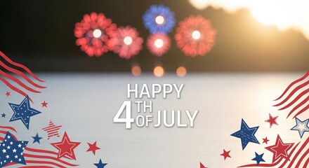 Fototapeta premium Happy 4th of July text overlay with blurred fireworks and American flag elements, celebrating Independence Day with patriotic stars and stripes design, festive holiday background.