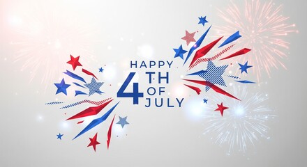 Fototapeta premium Happy 4th of July graphic with red and blue stars, abstract shapes, and fireworks exploding against a bright, light gray background with bokeh effects, celebrating American Independence Day.