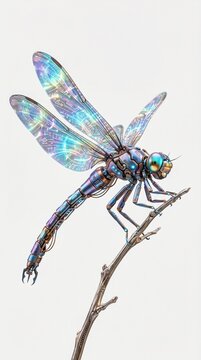 Miniature dragonfly anomaly featuring holographic wings, metallic body structures, and glowing cybernetic details isolated on a pure white background. Elegant futuristic insect artwork with hyper real