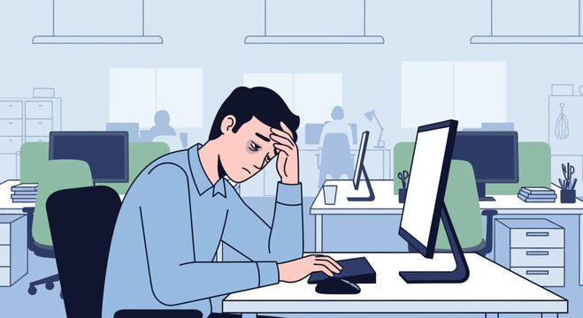 Exhausted Office Worker Shows Signs of Burnout and Overwork at His Desk in Modern Office