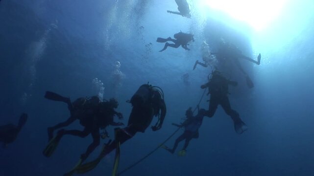 scuba divers ascending surface going back to boat underwater with sun beams and rays ocean scenery