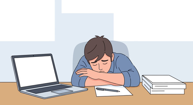 Exhausted Office Worker Sleeping At Desk Beside Laptop And Paperwork Illustration