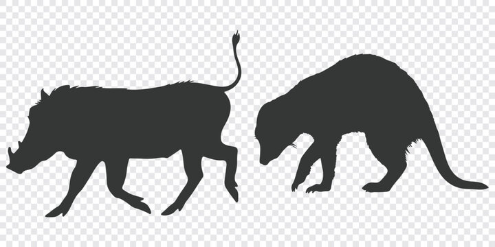 Flat vector graphic featuring silhouettes of a walking warthog and a prowling panther on transparent background.