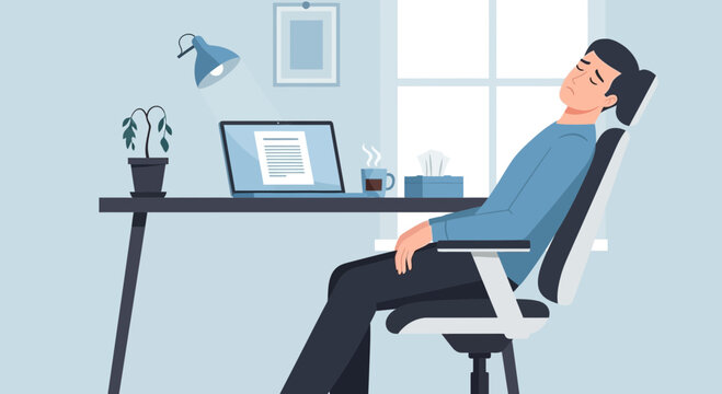 Exhausted Office Worker Slumping, Burnout, Overwork, and Workplace Fatigue Concept.