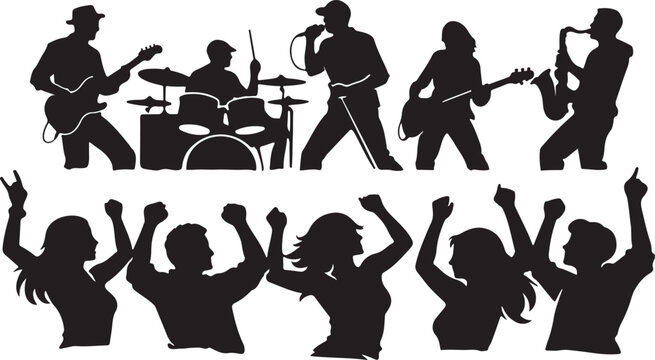 silhouette of live band with dancing fans front row