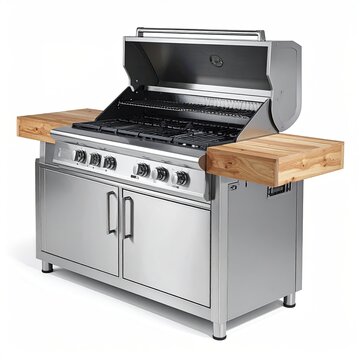 Stainless steel grill with wooden side tables and cabinet storage