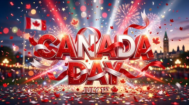 Vibrant Canada Day celebration with fireworks, confetti, and maple leaves, featuring the Canadian flag and parliament building in the background. Canada Day.