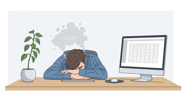 Exhausted Person Overwhelmed By Work, Head On Desk, Stress and Burnout Illustration