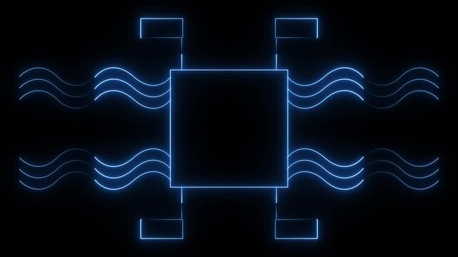 Abstract blue glowing geometric shapes motion graphics, futuristic data processing animation on dark background.4.k animation video