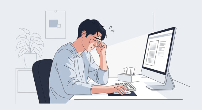 Exhausted Person Working at a Desk Under Pressure in a Minimalist Vector Graphic