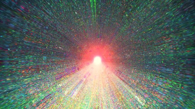 High-speed motion through a colorful digital data tunnel. Futuristic sci-fi background with glitch and noise effects.