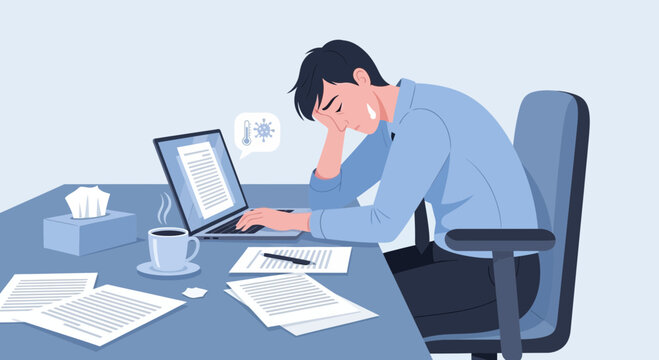 Exhausted Person Working With a Laptop Depicting Illness and Overwork Symptoms