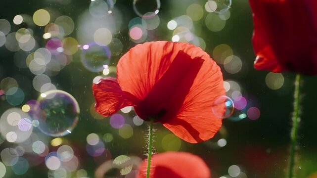 Red poppy with colorful bubbles in garden