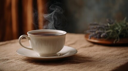 Fototapeta premium Steaming hot beverage on a textured cloth beautifully complemented by dried herbs and natural rustic elements