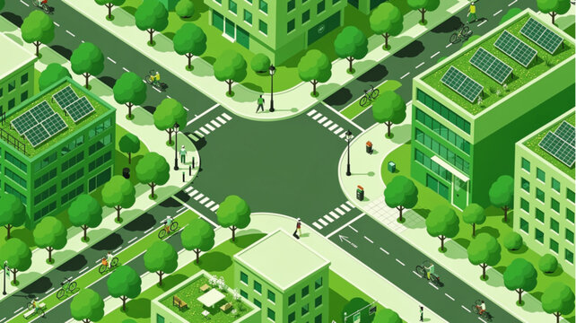 Green City Buildings With Solar Panels.